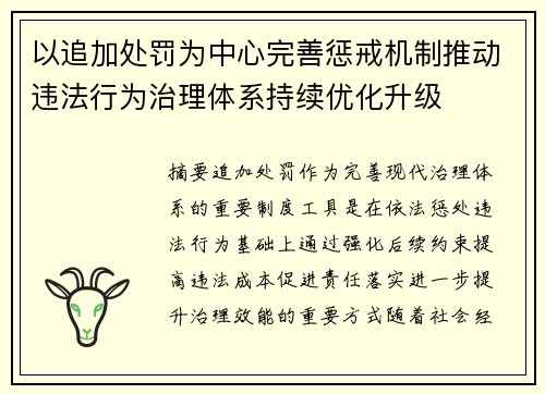 以追加处罚为中心完善惩戒机制推动违法行为治理体系持续优化升级