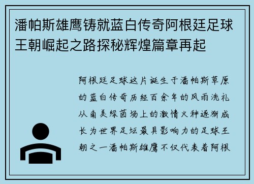 潘帕斯雄鹰铸就蓝白传奇阿根廷足球王朝崛起之路探秘辉煌篇章再起